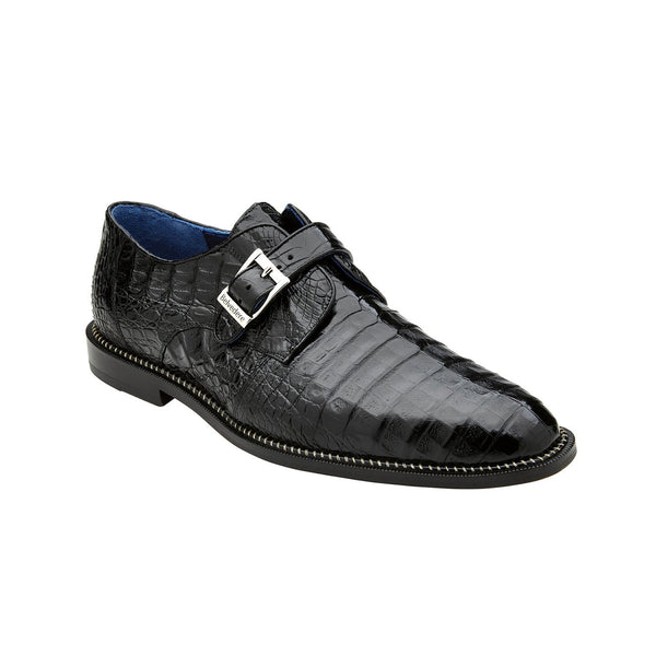 Belvedere Spencer Men's Shoes Black Exotic Genuine Caiman Crocodile Monk-Strap Loafers (BV3042)-AmbrogioShoes