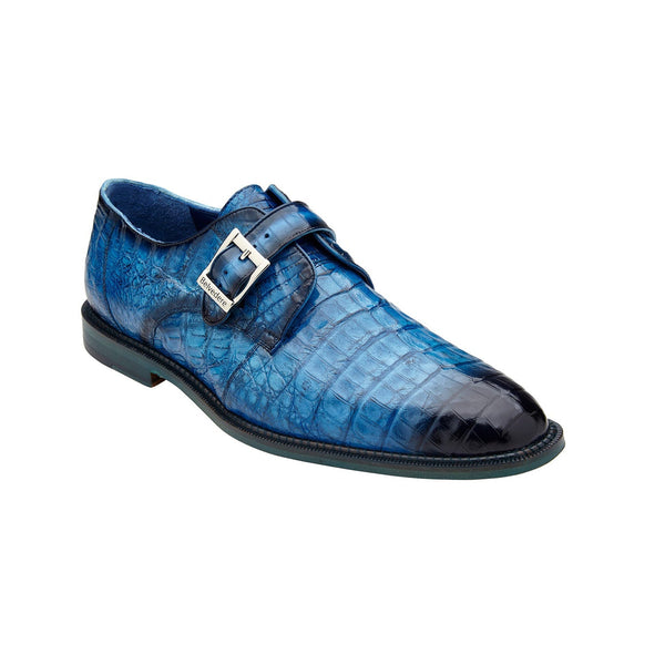 Belvedere Spencer Men's Shoes Ocean Blue Exotic Genuine Caiman Crocodile Monk-Strap Loafers (BV3043)-AmbrogioShoes