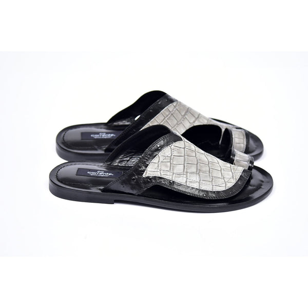 Corrente C0061 5831 Men's Shoes Black & Gray Crocodile Print / Calf-Skin Leather Sandals (CRT1267)-AmbrogioShoes