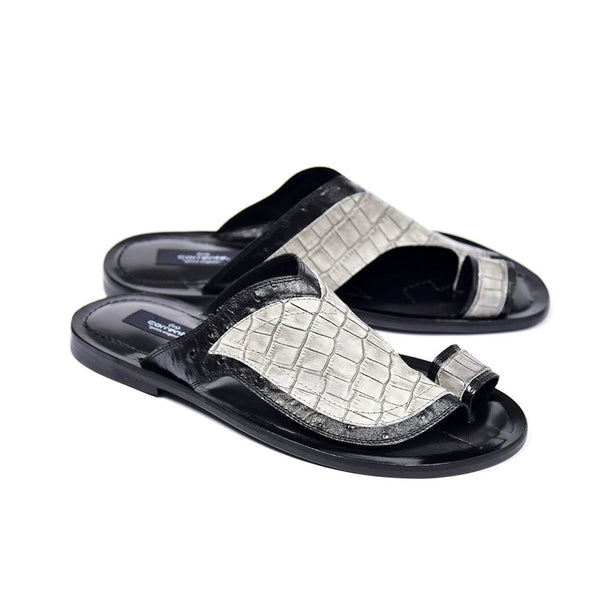 Corrente C0061 5831 Men's Shoes Black & Gray Crocodile Print / Calf-Skin Leather Sandals (CRT1267)-AmbrogioShoes