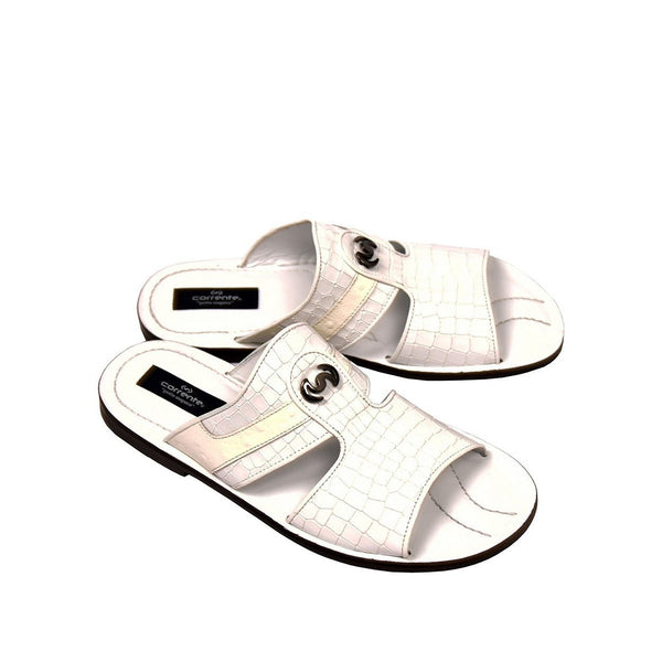 Corrente C0072 5829 Men's Shoes White Crocodile Print / Ostrich Leather Sandals (CRT1269)-AmbrogioShoes