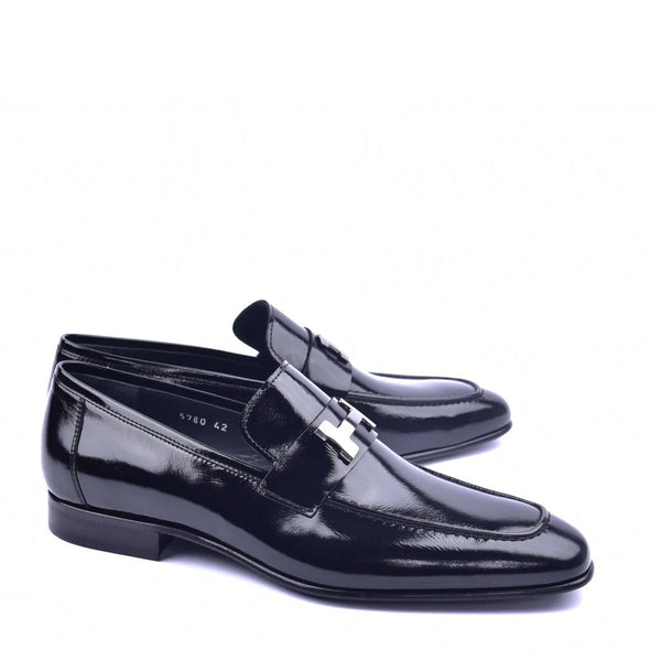Corrente C02006 5760 Men's Shoes Black Patent Leather H Buckle Loafers (CRT1343)-AmbrogioShoes