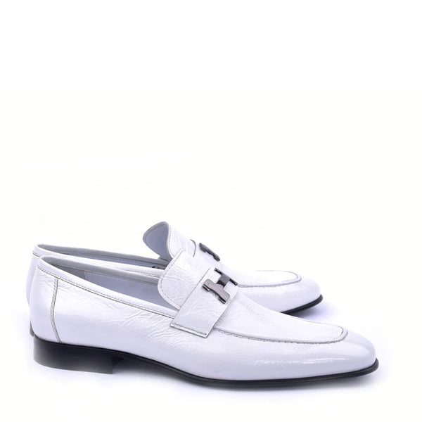 Corrente C02007 5760 Men's Shoes White Patent Leather H Buckle Loafers (CRT1342)-AmbrogioShoes