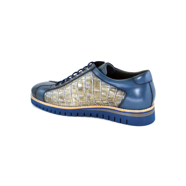 Corrente Men's Shoes Blue & Beige Texture Print / Calf-Skin Leather Sneakers 4005 (CRT1070)-AmbrogioShoes
