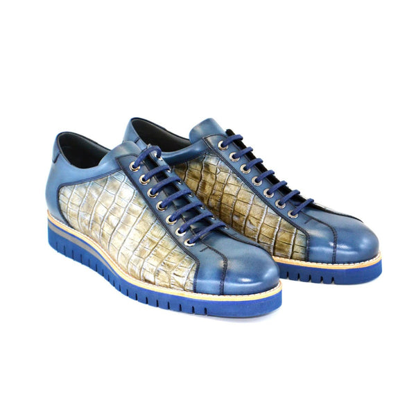 Corrente Men's Shoes Blue & Beige Texture Print / Calf-Skin Leather Sneakers 4005 (CRT1070)-AmbrogioShoes