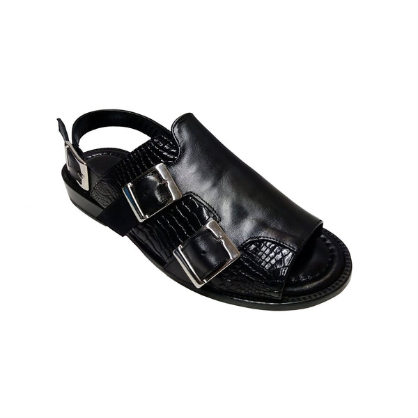 Fennix Leo Men's Shoes Black Exotic Alligator / Calf-Skin Leather Slip-on Sandals (FX2629)-AmbrogioShoes