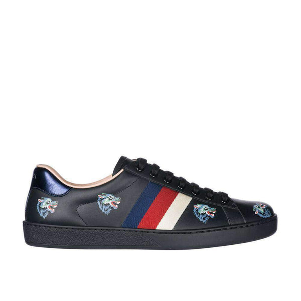 Gucci Ace Wolf Embroidered Sneakers Black Leather Trainers 386750 OH810 (GG1703)-AmbrogioShoes
