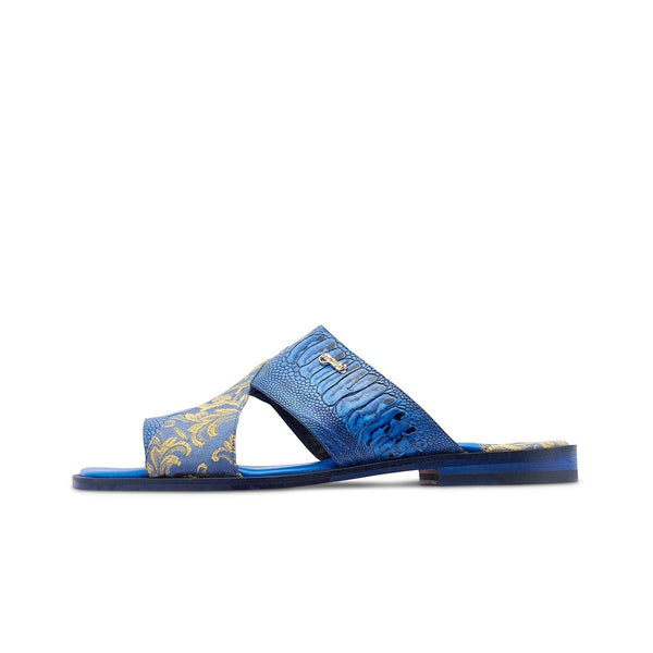 Mauri 5140 Men's Shoes New Blue Exotic Ostrich Leg / Gobelins Fabric Slip-On Sandals (MA5416)-AmbrogioShoes