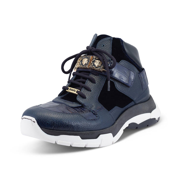 Mauri Luxury 8491 Men's Shoes Wonder Blue Exotic Crocodile / Velvet / Calf-Skin Leather Casual High-Top Sneakers (MA5500)-AmbrogioShoes
