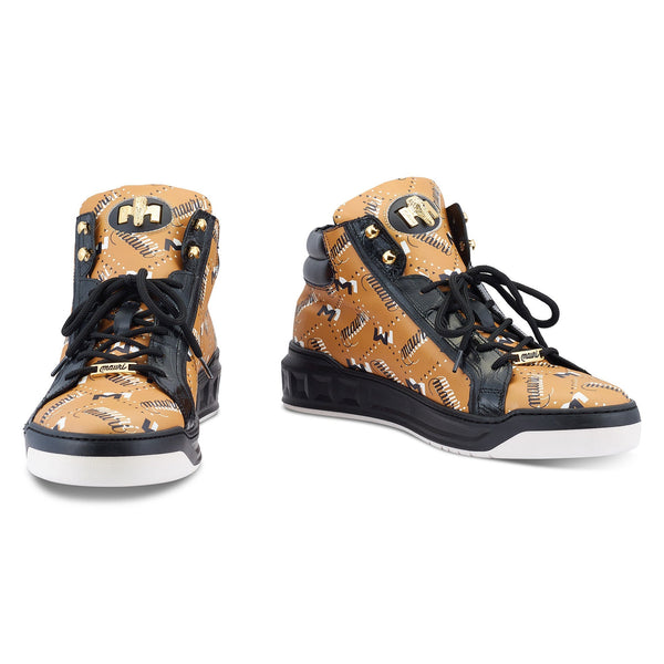 Mauri Wisdom 8448 Men's Shoes Black & Mustard Brown Exotic Crocodile / Calf-Skin Leather Casual High-Top Sneakers (MA5504)-AmbrogioShoes