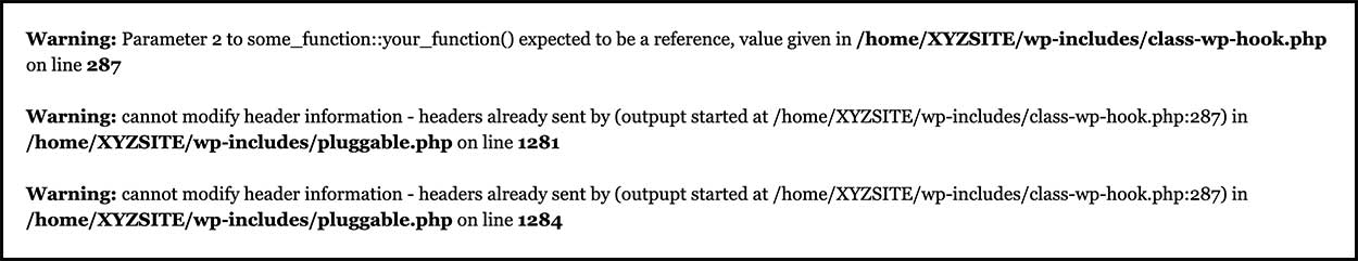 Example error messages that display on website that are not PHP 7 compatible 