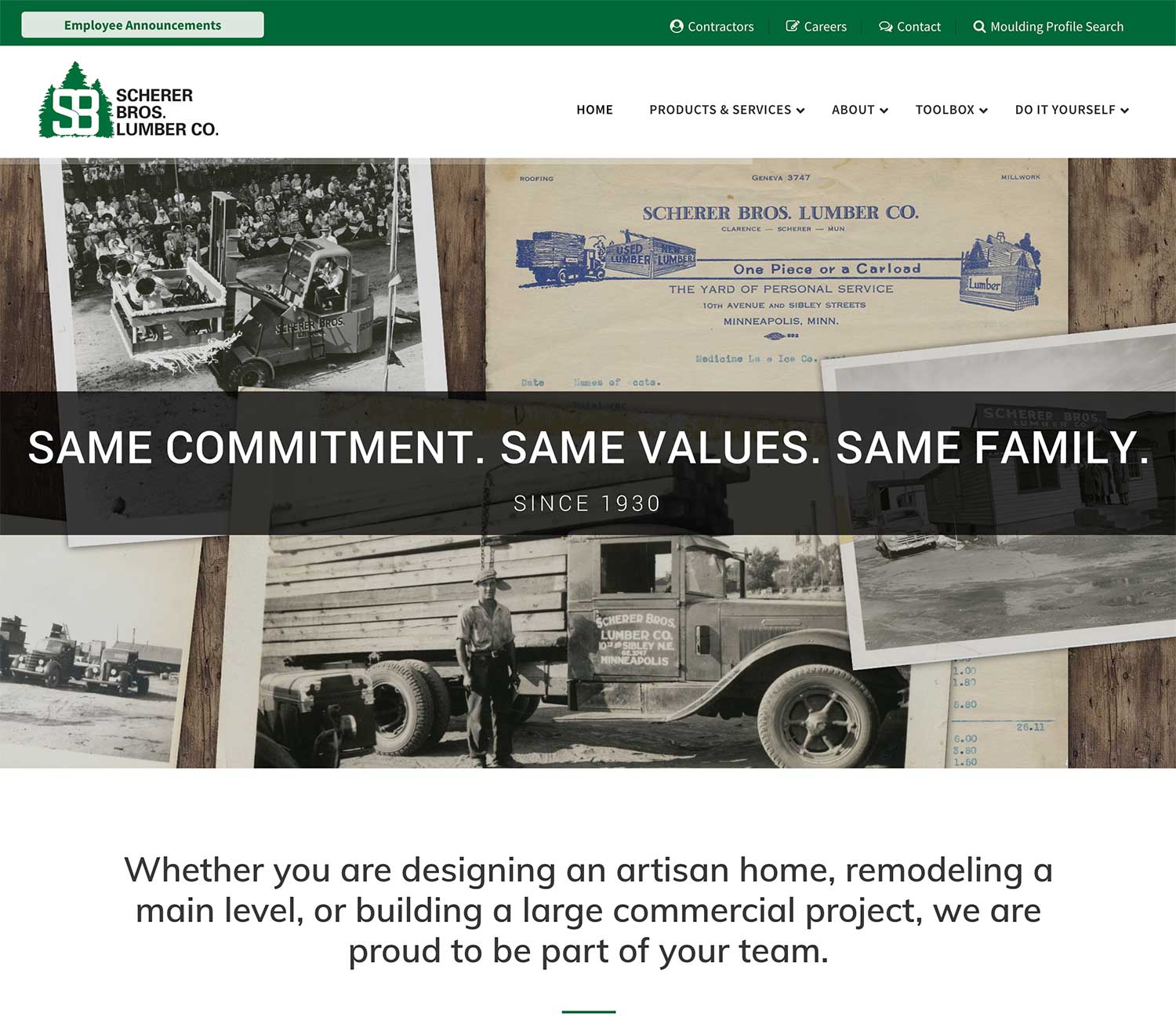 Scherer Bros. Lumber website screeshot showing use of typography in design